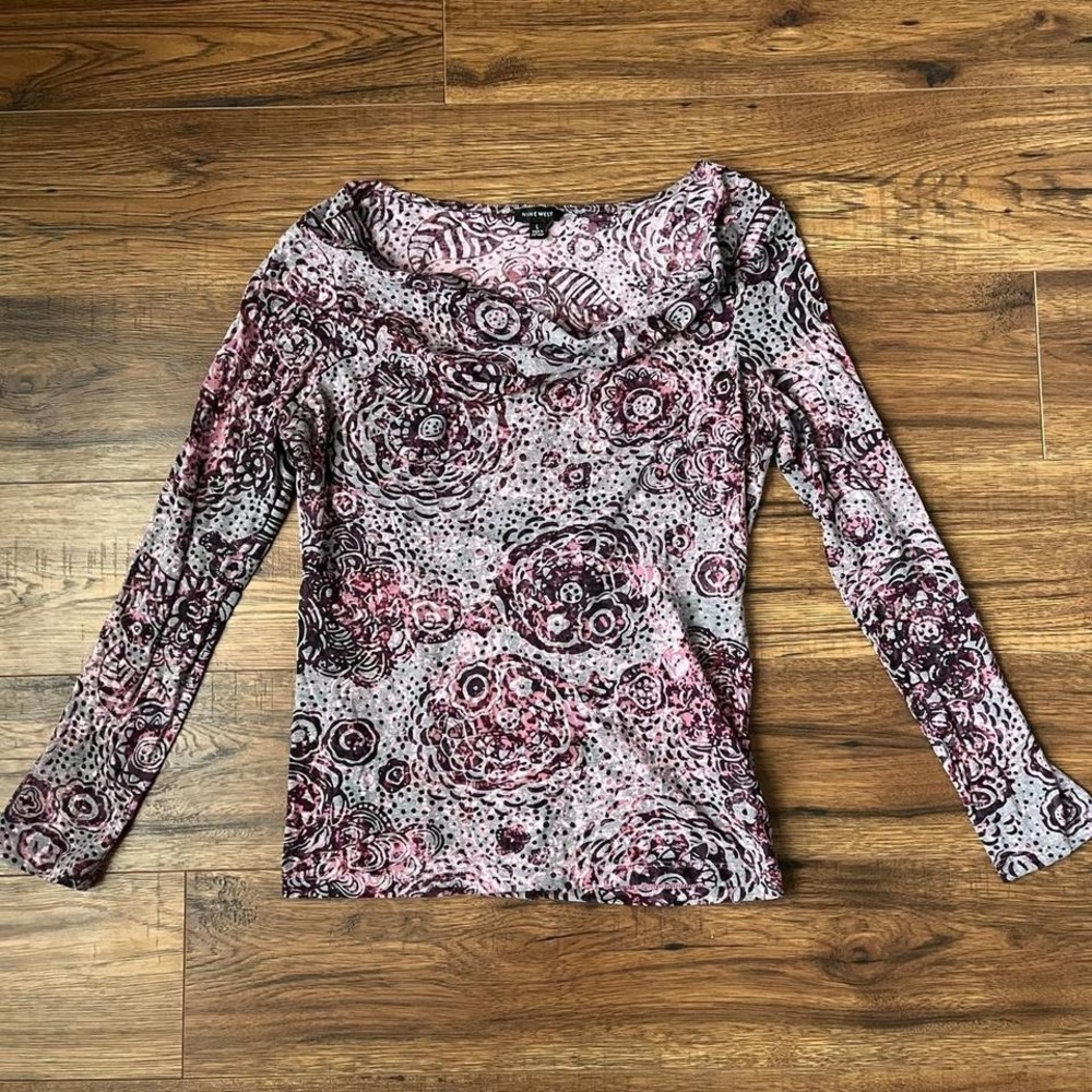 Nine West Abstract Floral Print Long Sleeve Top Purple Pink Boho Y2K Burnout Tee